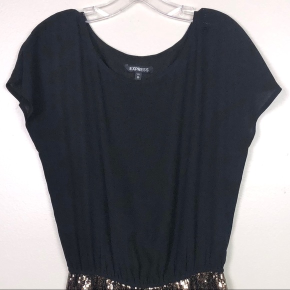 Express Y2K Blouson Mini Dress Black Drop Waist Copper Gold Sequin Skirt Size XS - Picture 3 of 8